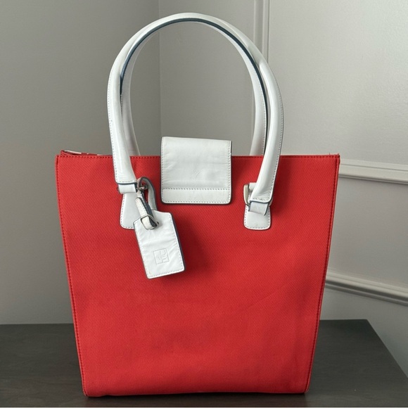 Diane Von Furstenberg Red and White Canvas and Leather Tote Bag - Picture 4 of 10